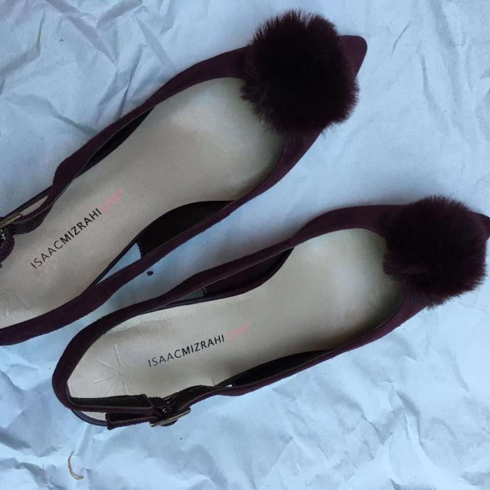 Dark Red (burgundy) Velvet PomPom Heels, NEW 9 Med
